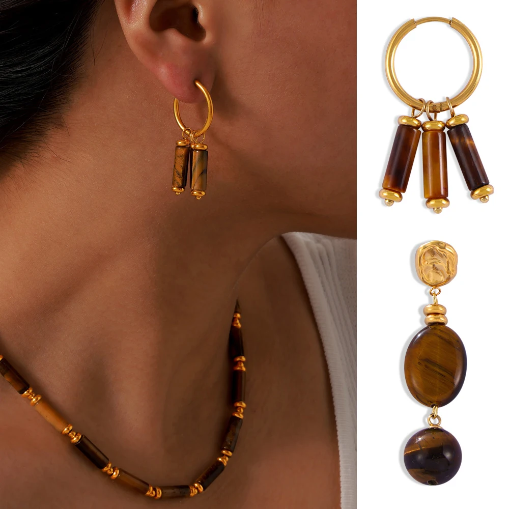 Ethnic Style tiger-ite Artistic Earrings Necklace Set for Women Stainless Steel Ear Drop Charm Female Jewelry Wholesale