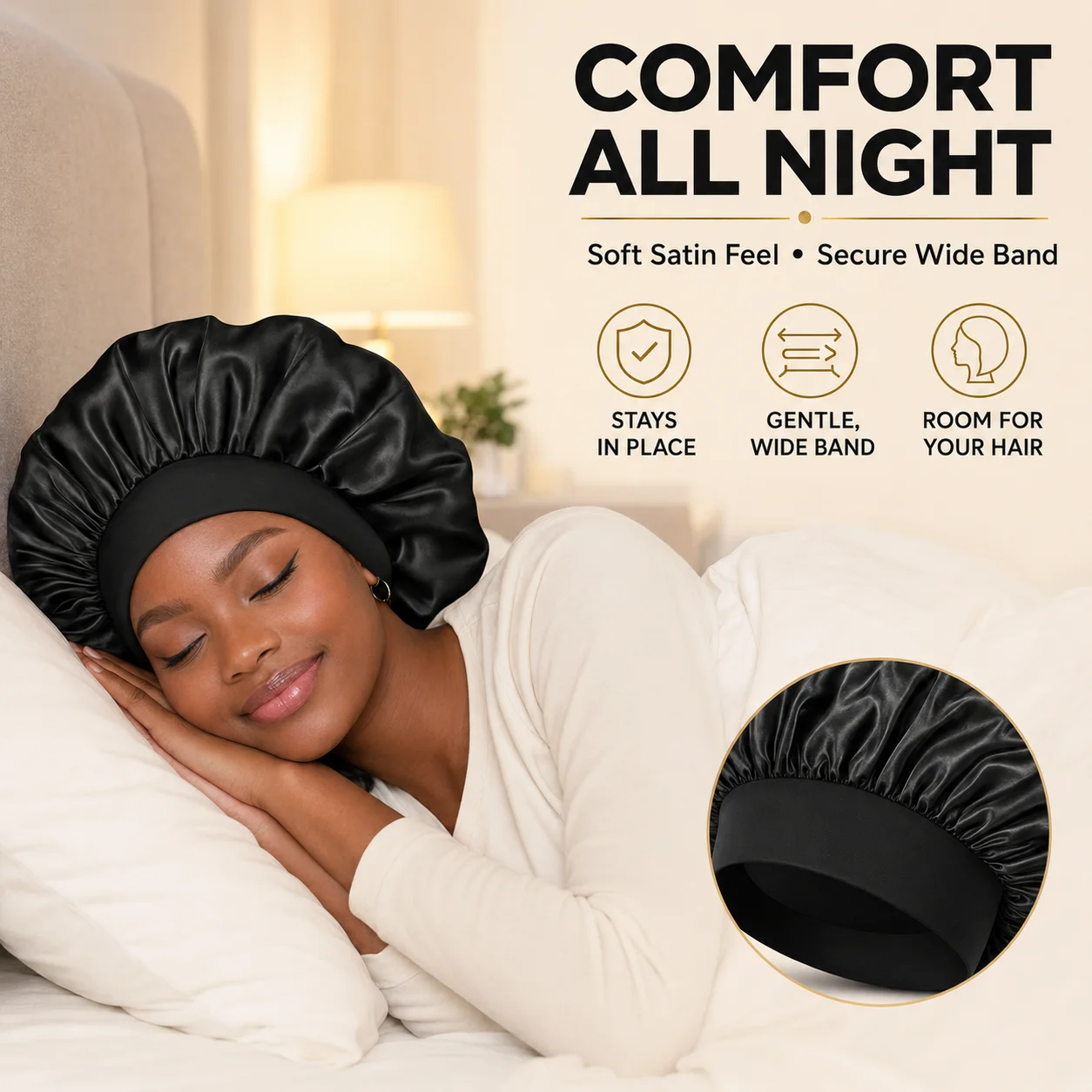 3-piece satin nightcap set - large, soft, and secure fit curly hair support cap, shower and cleaning cap with loose strap, suitable for sleep and long hair care