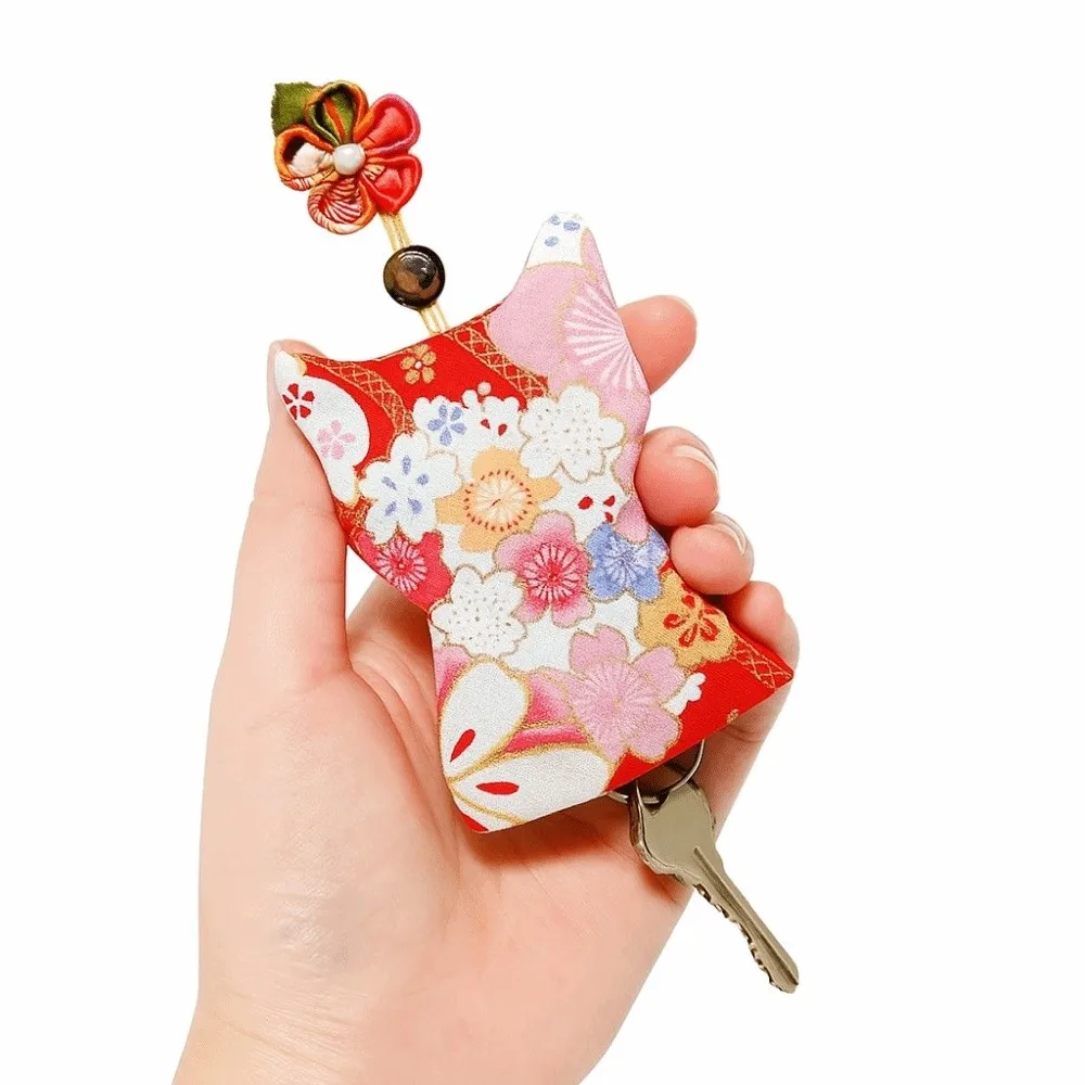 Funda para llaves extraíble de estilo japonés, mecanismo de cuerda para tirar, llavero de tela portátil, llavero de almacenamiento con arco, bolsa para llavero de gatito