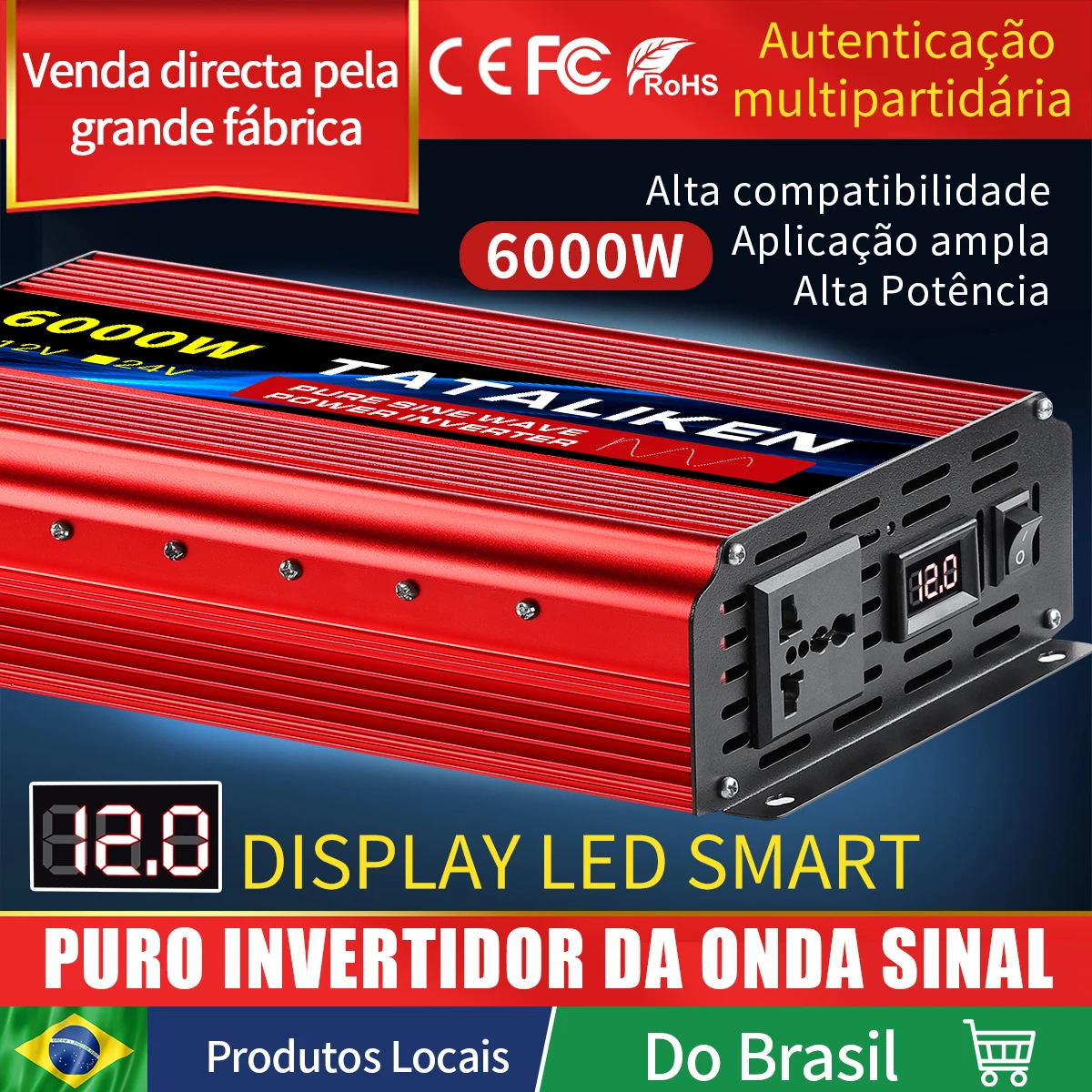 Inversor de onda senoidal pura dc12v/24v para ac 220v tensão 7000w/8000w 50/60hz conversor de energia transformador solar do carro com display led