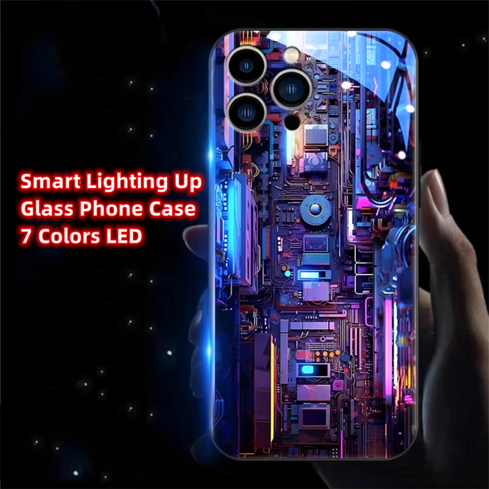 Cyber Mechanical Circuit Luminous Glass LED Call Light Up Flash Phone Case Cover For iPhone Air 17 16 15 14 13 12 Pro Max Plus