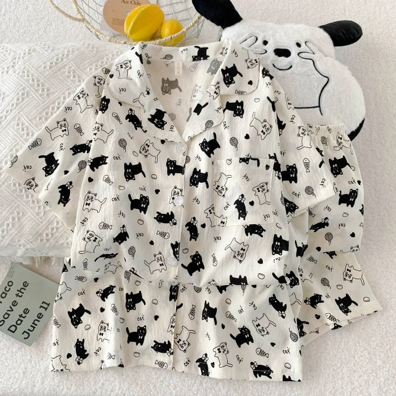 Harajuku Style Kawaii Sweet Women's Pajamas Set Short Popular Cat Print Cute 2 Piece Pajamas Set Summer New Casual Home Wear