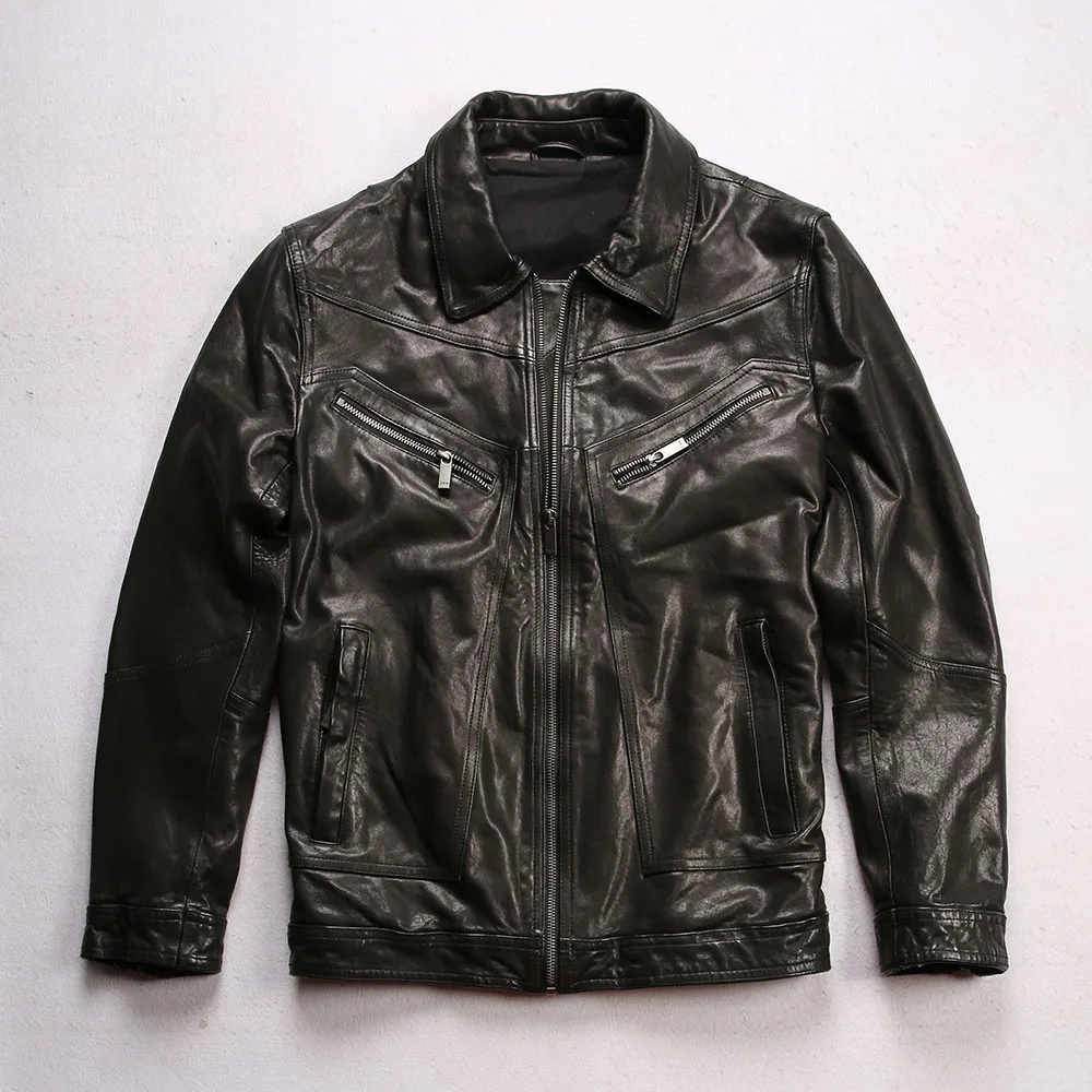 

6118 European US Size High Quality Super Warm Genuine Sheep Leather Coat Mens Big Biker Jacket