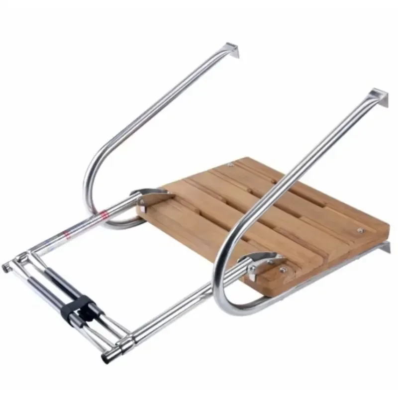 2026 2 Step Telescoping Marine Ladder for Boats RVs Campers Stainless Steel Retractable Platform Ladder Solid Teak Wood Steps view 3
