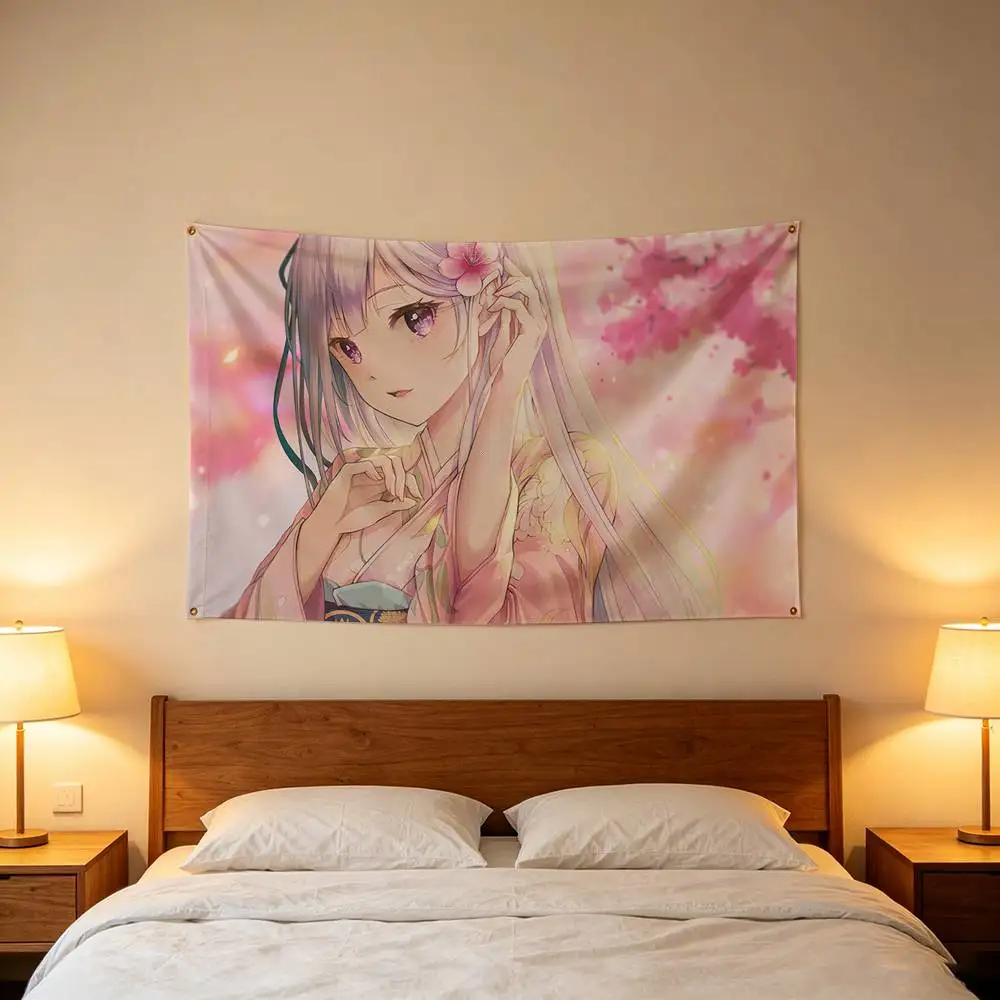 Cute Emilia  Re Zero Anime Girl Flag Digital Printing Banner for Garage Wall Out Door Decoration