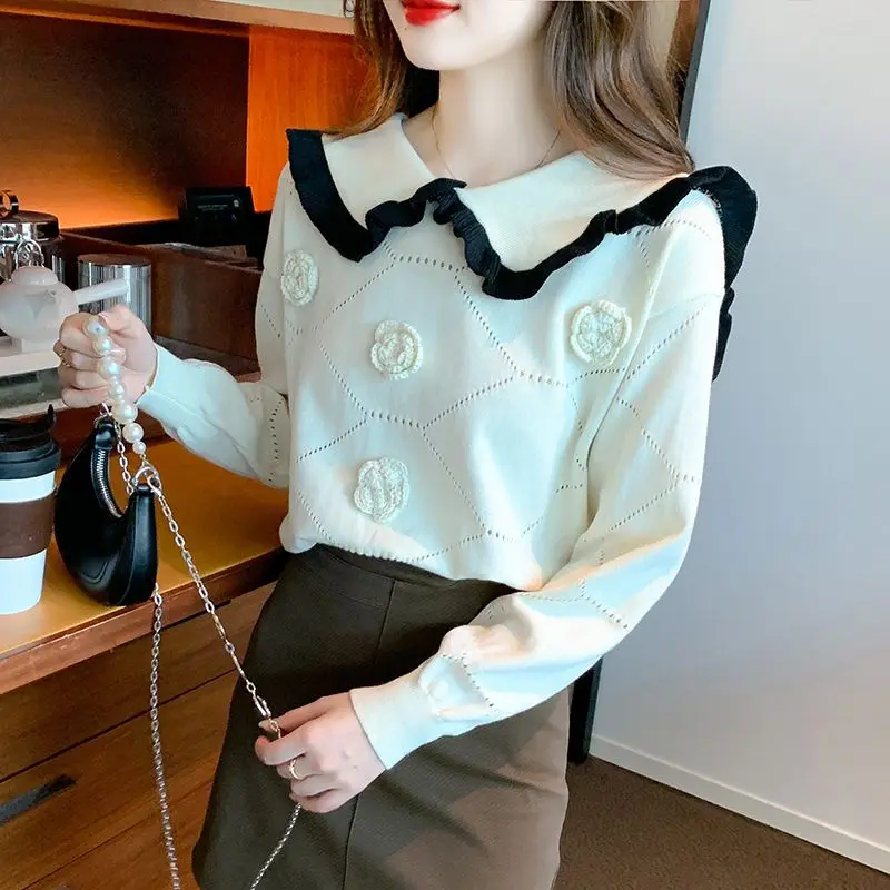 3D Flower Kawaii Sweet Hollow Chic Peter Pan Collar Knitted Sweaters Women Spring Autumn Loose Long Sleeve Pullover Tops Jumpers