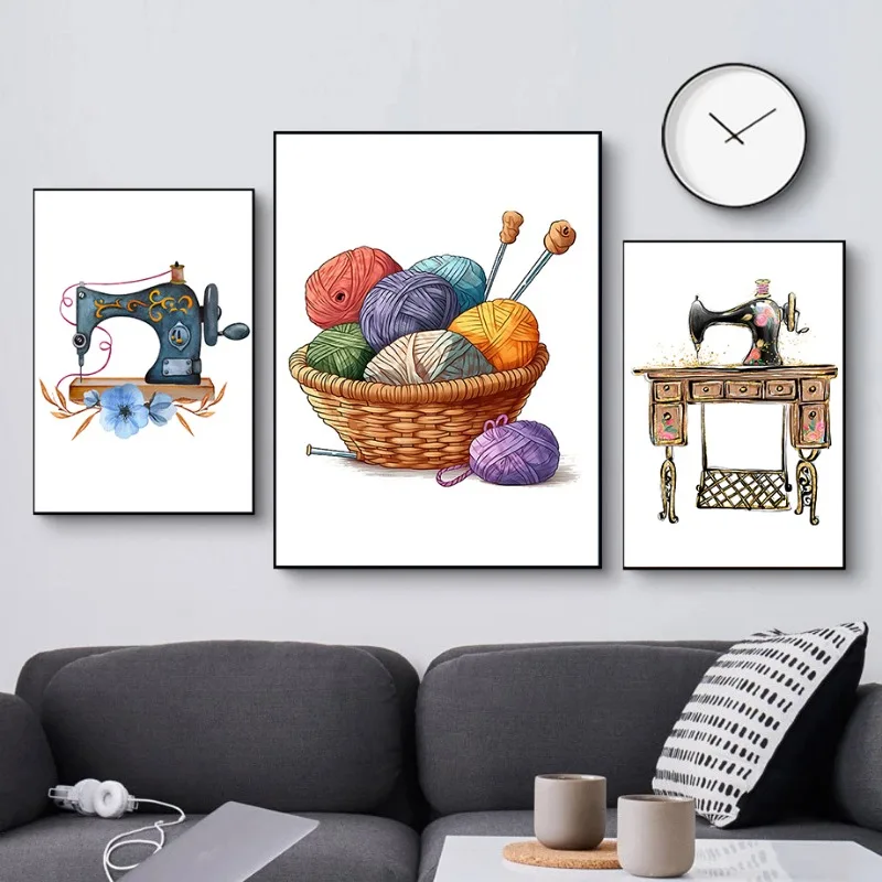 Sewing Machine Artwork Poster Textile Needle Thread Prints Canvas Painting Wall Art Picture Dressmaker Workshop Room Home Decor