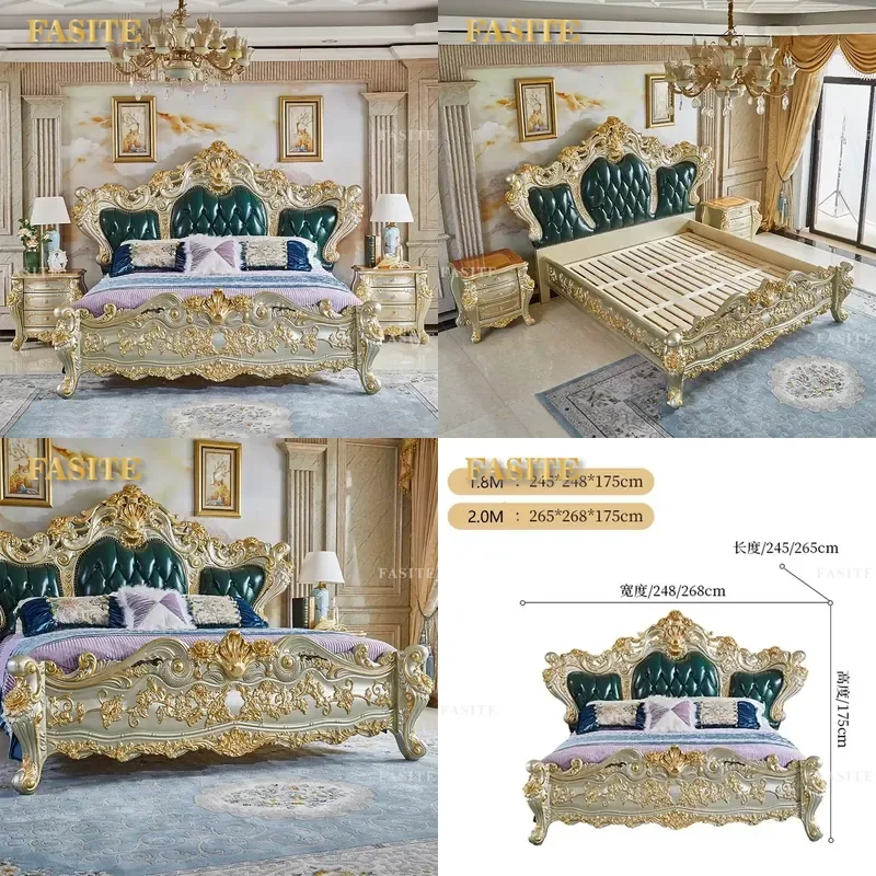 For Turkish Style Classic Luxury Bedroom Set Solid Wood Carved Golden Antique King Size Bed Furniture Home Decor