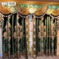 European Embroidered Retro Green Velvet Valance Luxury Curtains for Living Dining Room Bedroom Tulle Window Decor Elegant Door