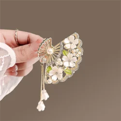 Chinese Style Lily Of The Valley Tassel Hair Claw Clip Fan Shape For Women Hanfu Elegant Daily Accessory Gift Pearl Rhinestone