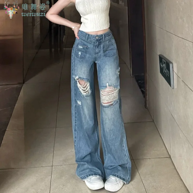 Adult Women's Ripped Boyfriend JEANS Korean Causal Straight Denim Pants Stretch Holes Autumn Pocket Comfortable High Waist Pants