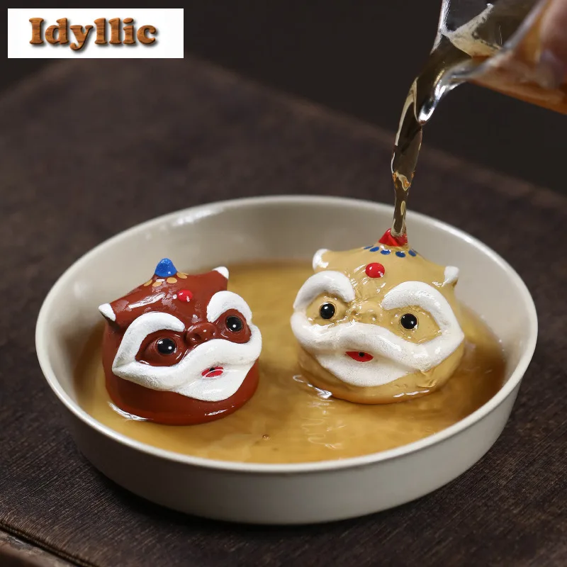 

Yixing Purple Clay Wealth-attracting Awakening Lion Head Tea Pet Vintage Lucky Model Tea Figurine Play Toys Tea Statue Ornaments