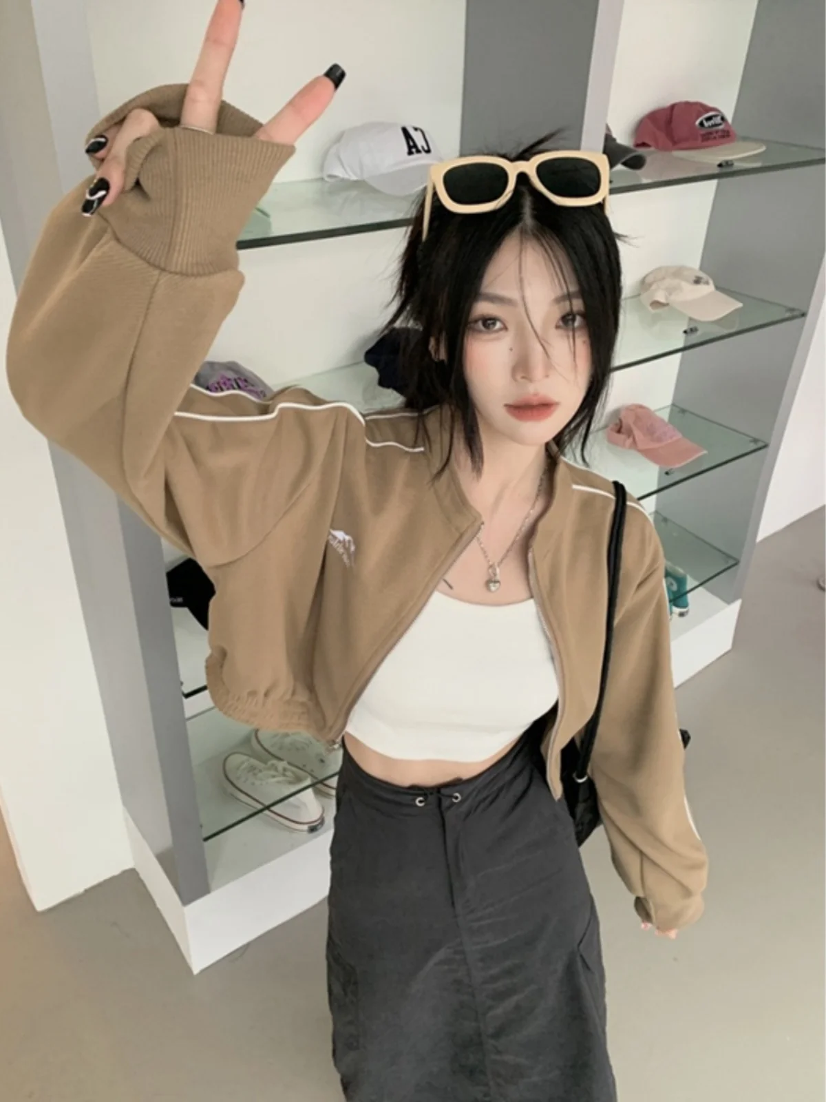 Sweet Cool Sle Shoulder Long sleeve Sports Short Outerwear Women Autumn Small Gyaru Jacket Slimming Cardigan Top Trendy