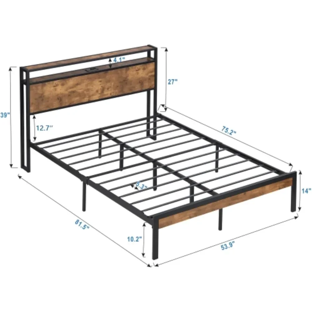 Full Bed Frame with Wooden Headboard and Footboard，USB Liner, No Box Spring Needed, Large Under Bed Storage, Metal Bed Frame