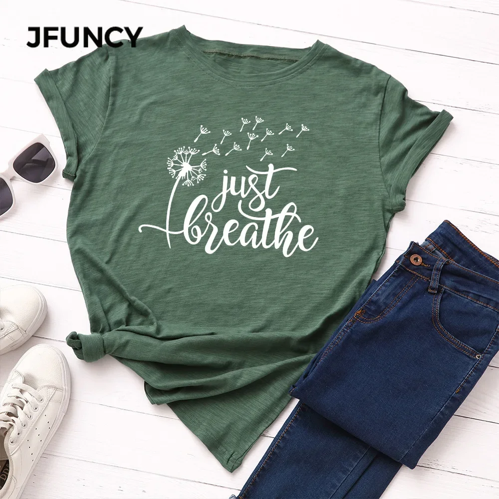 JFUNCY 100% Cotton Summer Tshirt Just Breathe Dandelion Print Women\'s T-Shirt Short Sleeve Female Tee Tops Women T Shirt