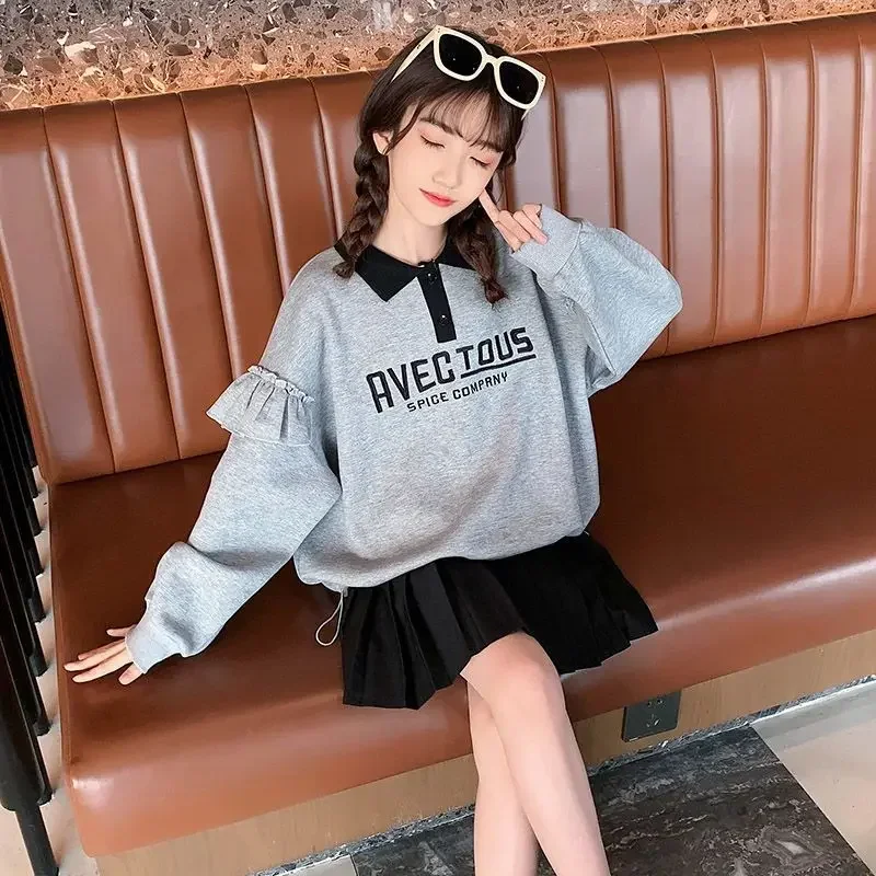 

2024 Autumn winter Girls clothes Hooded Sweatershirt Dresses lace SLEEVE t-shirt teenager Kids fashion 4 5 6 7 8 9 10 11 12 year