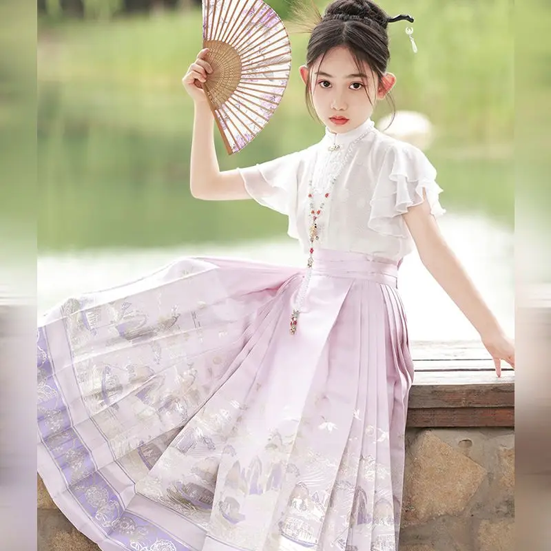 

Girls' Horse Face Skirt Hanfu Set Chinese Style Ancient Costume New Chinese Style Girls Improved Daily Tang Costume Hanfu LF961