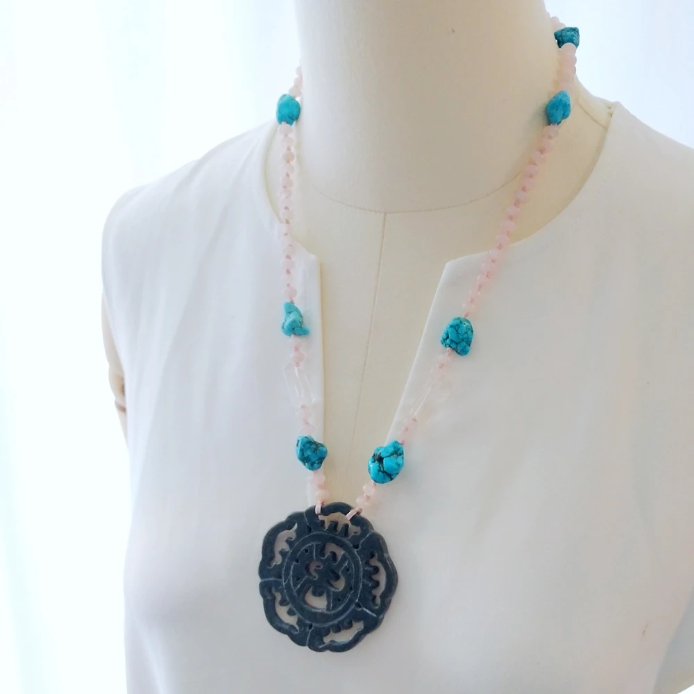 Lii Ji Natural Stone Necklace Turquoise Rose Quartz Black Jade Pendant Necklace Stock Sale Jewelry Gift