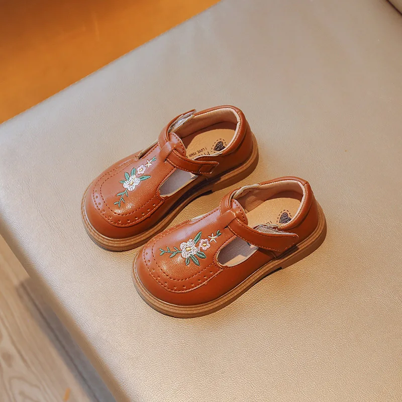 

2025 кожаная обувь для девочек, детская обувь принцессы с цветочной вышивкой, детская танцевальная обувь Мэри Джейн