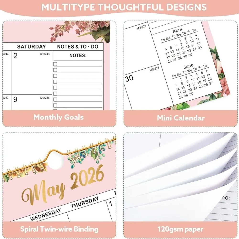 2026 Jan.- 2027 Jun Wall Calendar Spiral Binding 18 Months Monthly Calendar Wall Mount Flower Pattern Desktop Planner Office Use