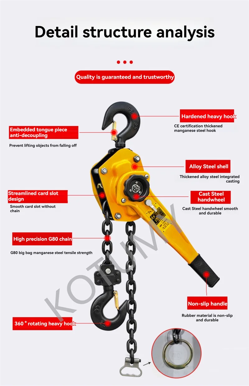 Imagem -02 - Manual de Manganês Aço Gancho Fio Tração Hoisting Tool Alavanca Pequena Mão Corrente Guindaste 3m 0.75 1t