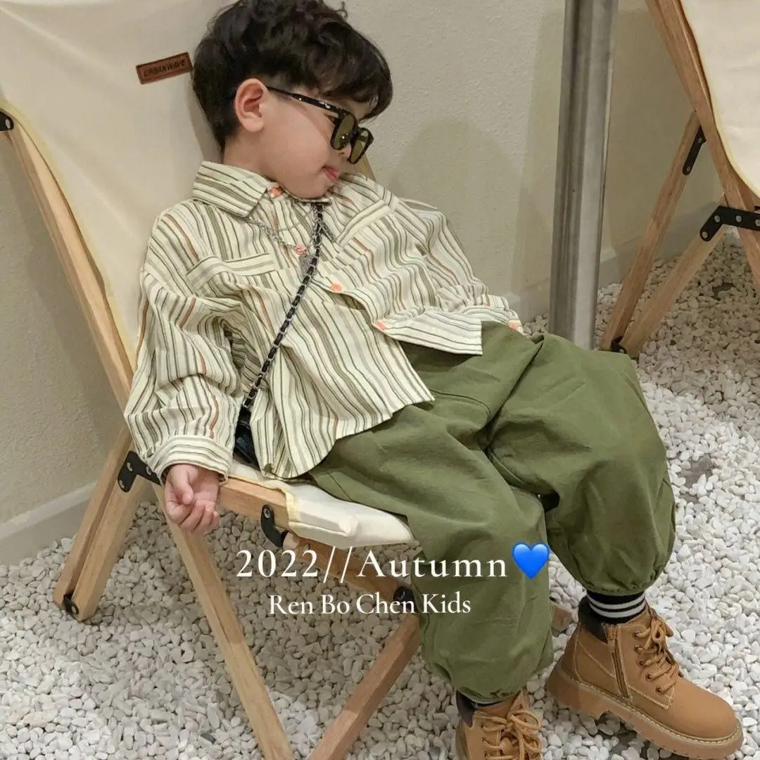 

Spring and Autumn Children's Clothing Set New Boys and Babies Handsome and Fashionable Striped Shirt Top Work Pants Two Piece Se