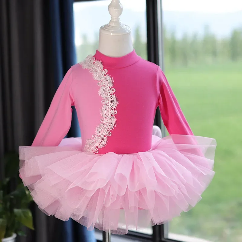 

WT33 Children's dance dress Girls long sleeve rose red training dress for children autumn and winter