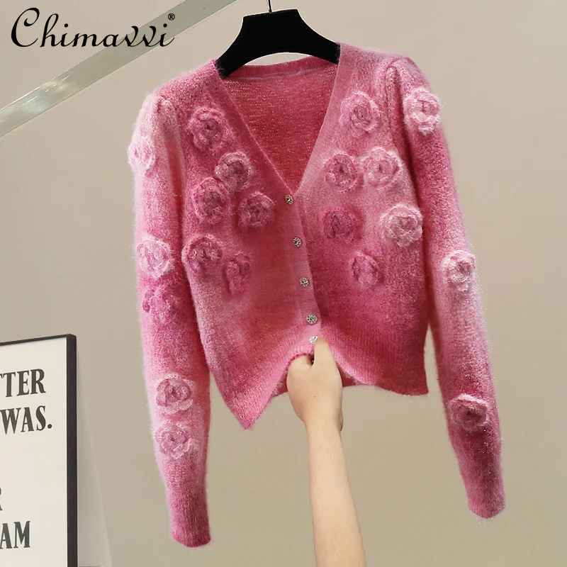 

Korean Fashion Heavy 3D Flower V-neck Knitted Cardigan Autumn and Winter New Sweet Girl Single-breasted Slimming Sweater Coat