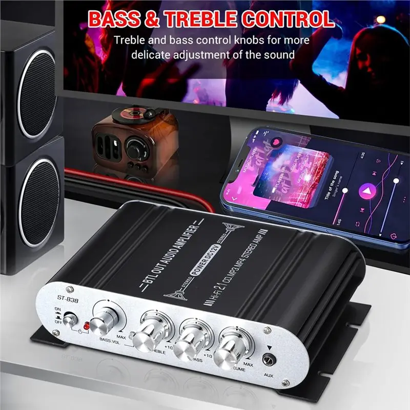 PHILE-Car Home ST-838 Hifi 2.1 canais amplificador de áudio Bluetooth 80Wx2 estéreo e amplificador de som agudo reprodutor de mídia