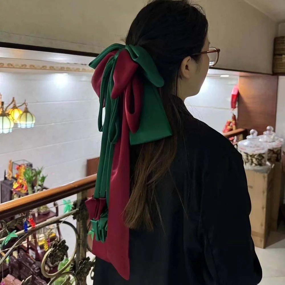 Alloy Oversized Bow Hair Clip Sweet Contrast Color Satin Ribbon Headdress 4-layer Printed Christmas Hair Accessory Women - view 2