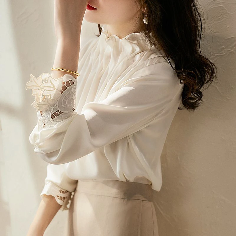 Elegant Fashion Stand Collar Chiffon Shirt Spring 2024 New Long sleeved Office Lady Blouse Patchwork Lace Tops