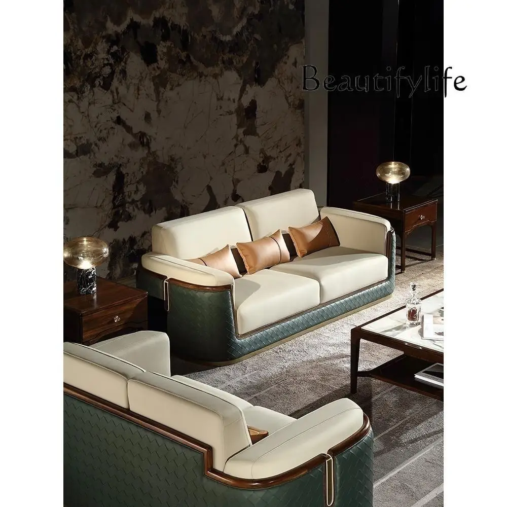 Light Luxury New Chinese Style Ugyen Wood Leather Sofa Modern Oriental Aesthetic New National Fashion Furniture