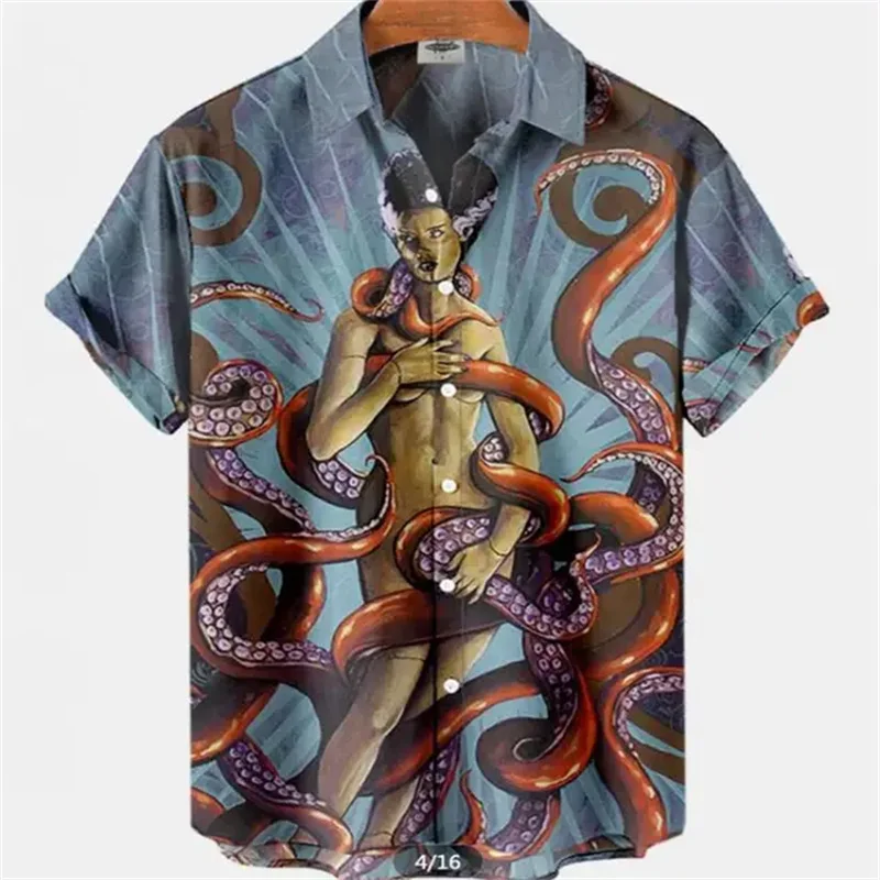 

2025 Summer Men's Octopus Wrapped 3D Printed Shirt Comfortable Polyester Fiber Hawaii Trendy Men's Short Sleeve Top