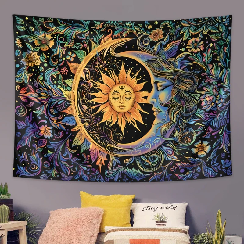 Sun and Moon Tapestry, Mystic Floral Wall Hanging, Hippie Style Botanical Retro Aesthetic Tapestry