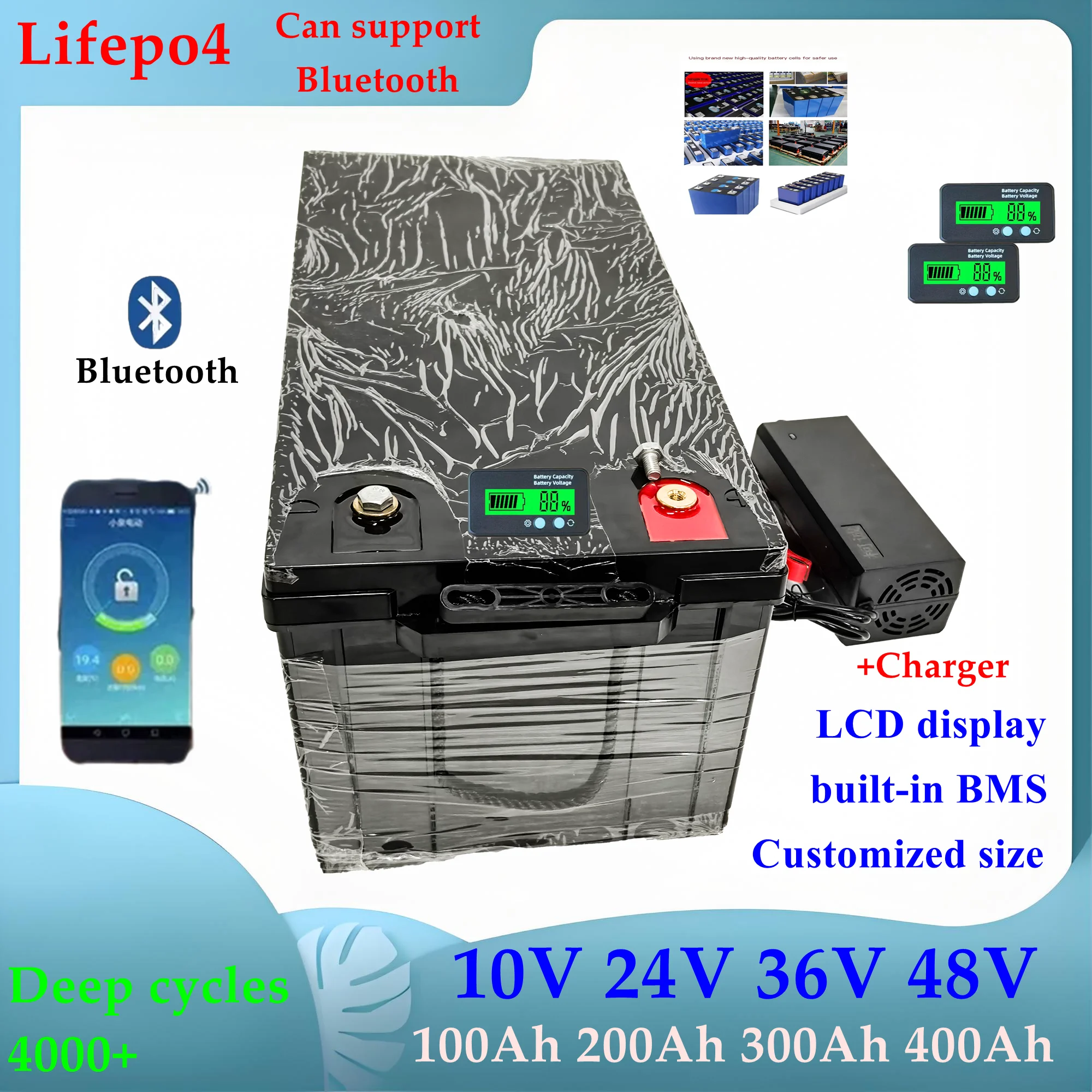 HX-waterproof 12V 200AH 150Ah 100AH 24V 200Ah 48V 100Ah Lifepo4 bluetooth BMS APP for 2400w inverter EV Fishing boat +Charger.