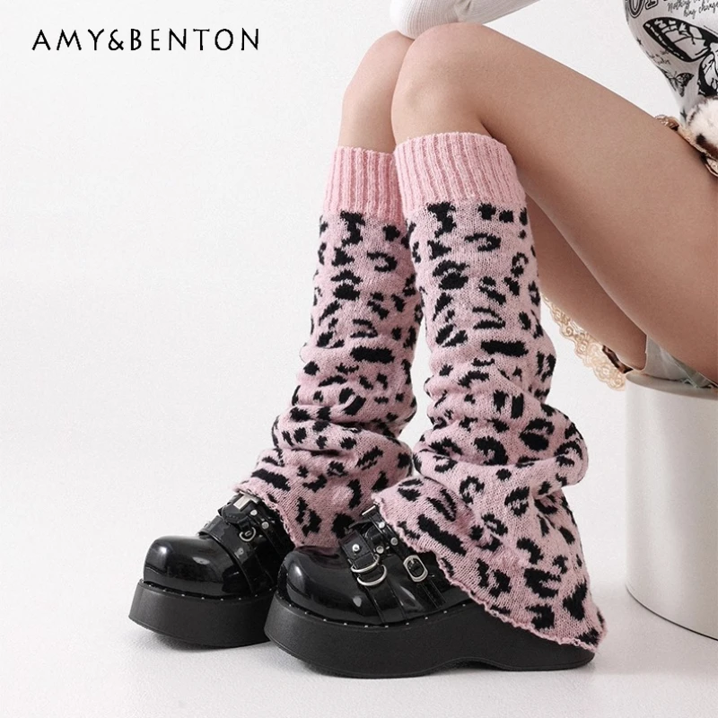 

Autumn Winter New Pink Leopard Print Knitted Slouch Socks Japanese Design Y2K Subculture Hot Girl SlimmingLeg Warmers Ladies