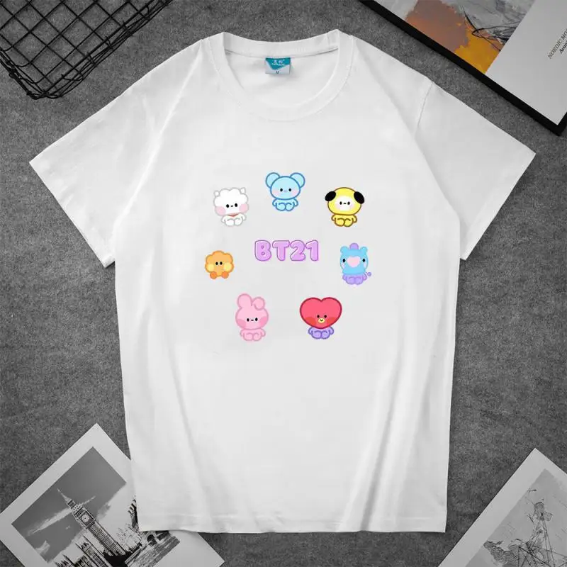 Cute Bt21 Cartoon Doll Printing Short Sleeve Summer Casual Simple T-Shirt Classic Black and White Round Neck Top Holiday Gift