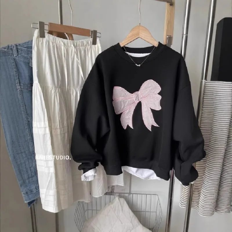 جديد رمادي تنوعا القوس المطرزة جولة الرقبة فضفاضة طويلة الأكمام Hatless البلوز قمة بسيطة #6