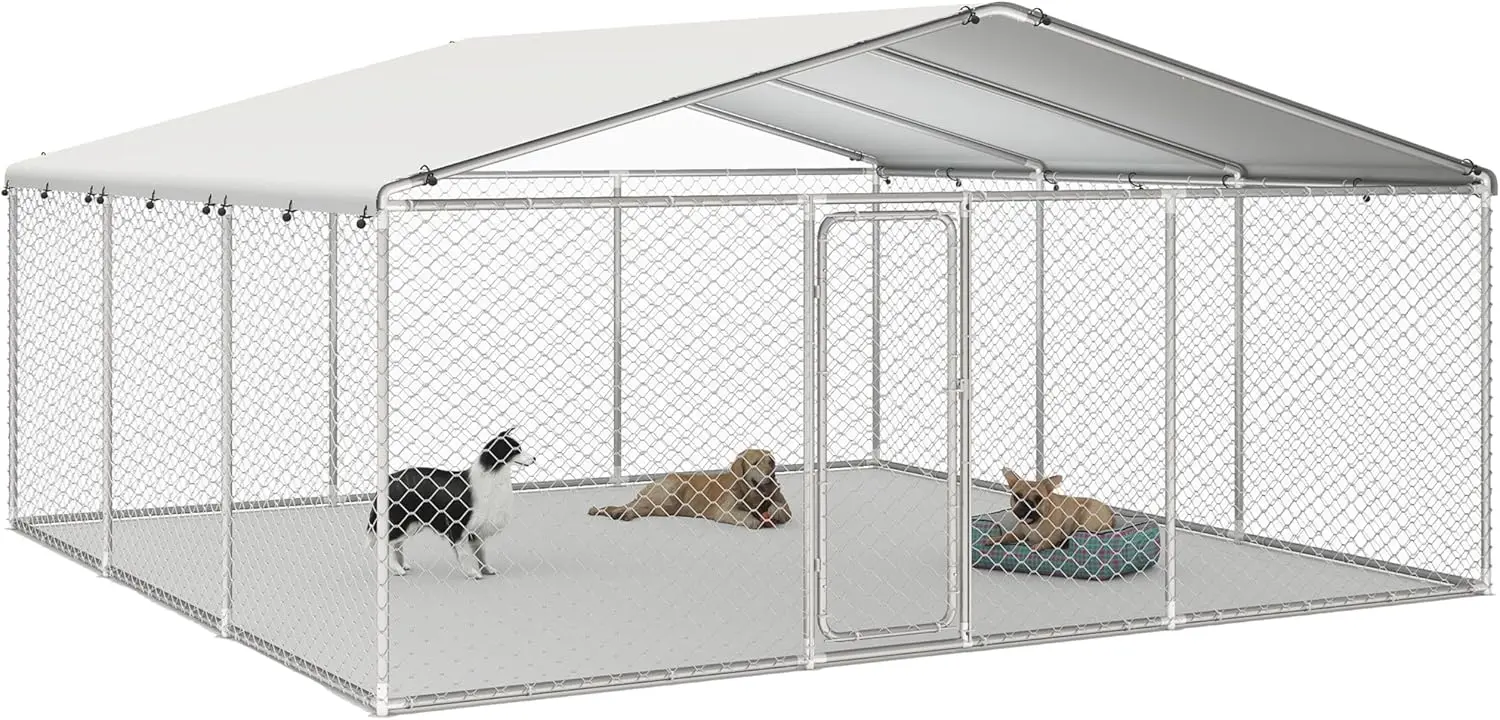 

15'x15' Large Outdoor Dog Kennel, Heavy Duty Dog Enclosure with Waterproof Cover and Security Lock