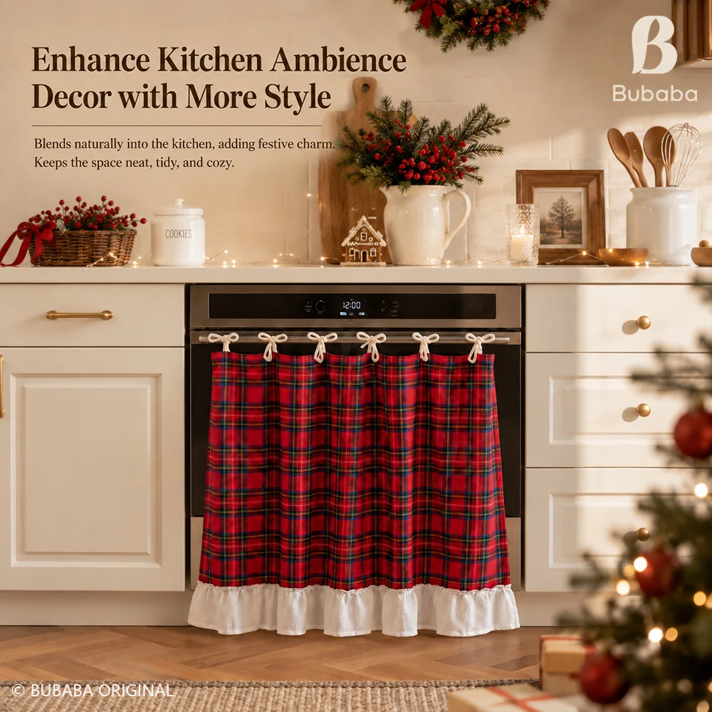 Christmas Vintage Dust Curtain Kitchen Short Curtain Cabinet Microwave Dust Cover Bow Tie Ruffled Hem Decorative Dust Curtain