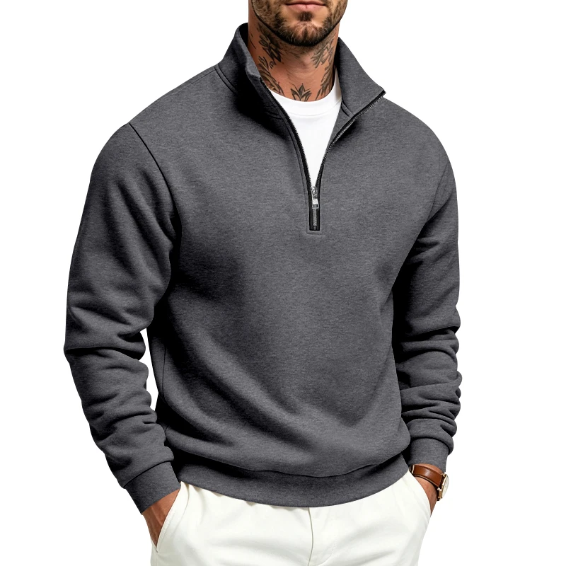 Herren-Sweatshirt mit Fleecefutter für Herbst und Winter, Stehkragen, halber Reißverschluss, langärmelig, einfarbig, warme Freizeitjacke – Detail 21