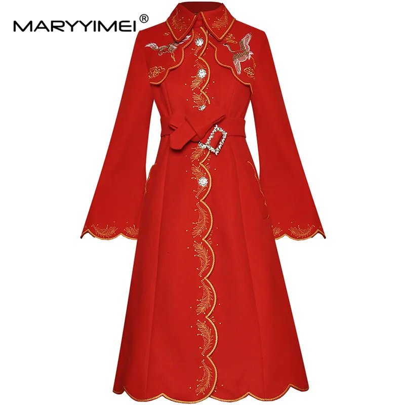 

MARYYIMEI Fashion Designer Woolen cloth Overcoat Spring Autumn Women lace-up Flare Sleeve Gold Line Embroidery Overcoat