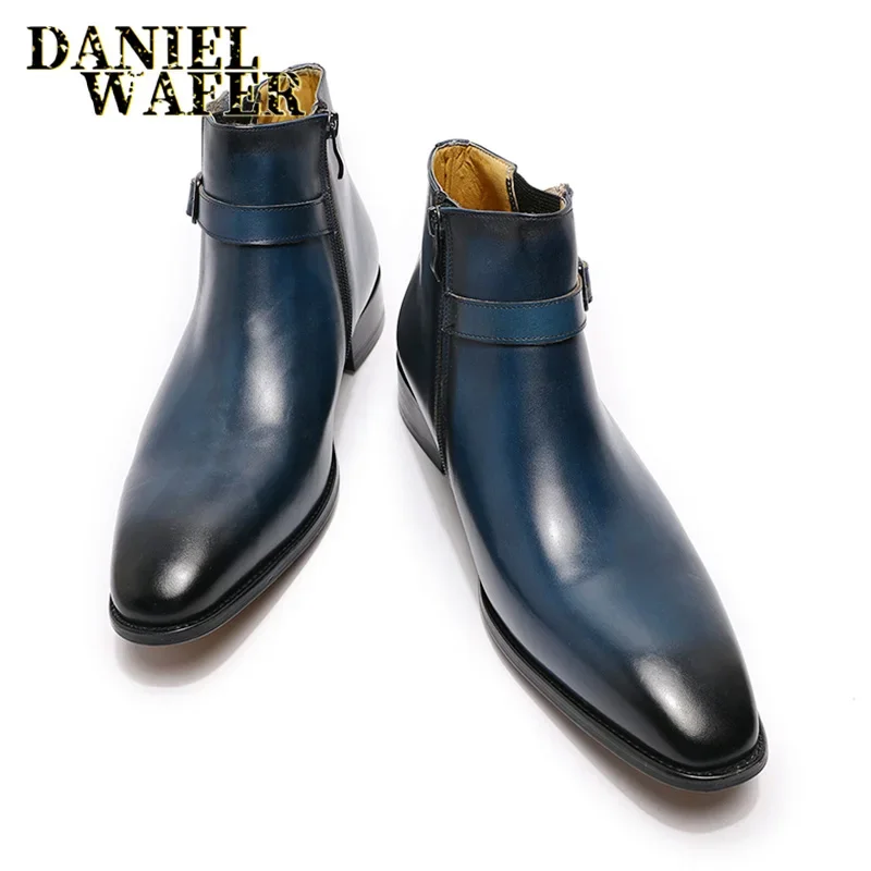 Real Leather Men's Boots Classic Italian Ankle Boots High Top Dress Shoes  Zipper Buckle Formal Shoes for Men Blue Basic Boots - AliExpress 322