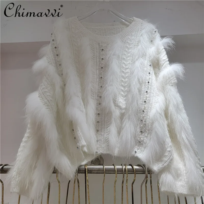

Heavy Handmade Beaded Rhinestone Feather Tassel Loose Long Sleeve Sweater Autumn Fashion Loose Sweet Fairy Elegant Knitted Top