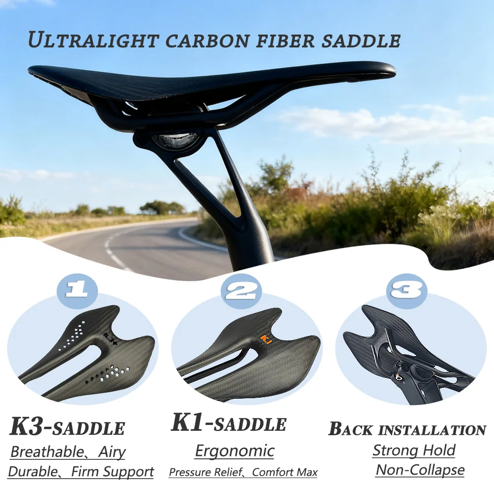 Black/white logo carbon fiber road saddle, ultra light breathable 122/132mm dual track hollow breathable bicycle seat cushion