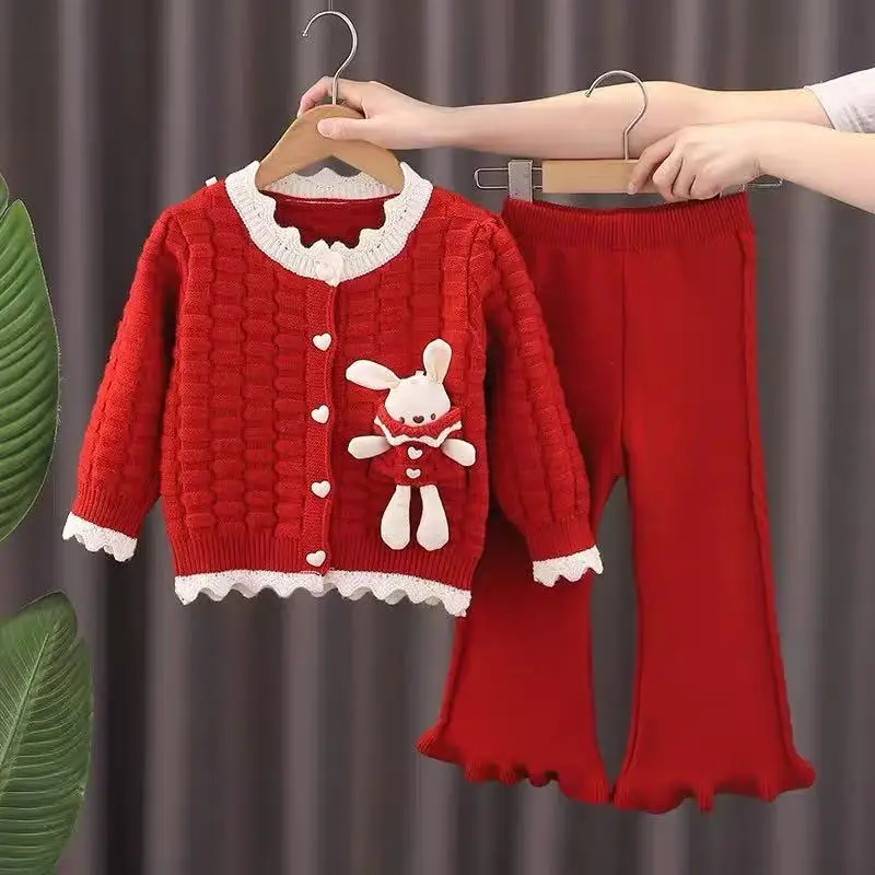

Girls Sweater Set Autumn And Winter New Cute Knitted Cartoon Little Rabbit Knitted Cardigan Pants Two Piece Set 80-130CM