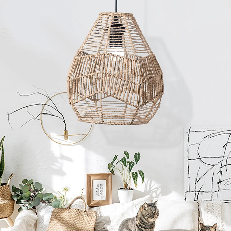 1pc Hand Weave Lampshade Rattan Hanging Lamp Shade Cafe Hotel Light Cover Ceiling Pendant Fixture For Home Restaurant Decors