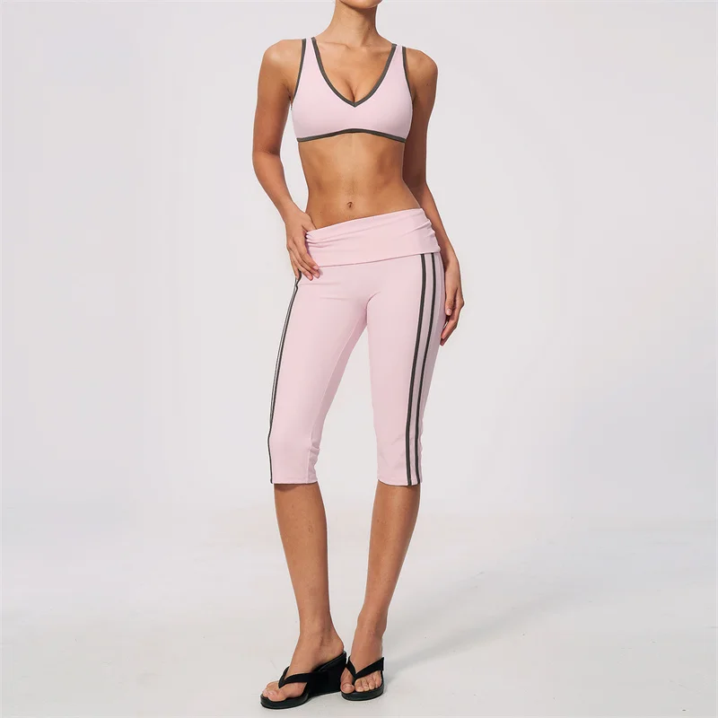 TRY TO BN Women 2 Piece Yoga Set Sports Bra Fold Over Waist Contrasting High Wiast Capri Leggings Fitness Gym Workout Tracksuit view 2