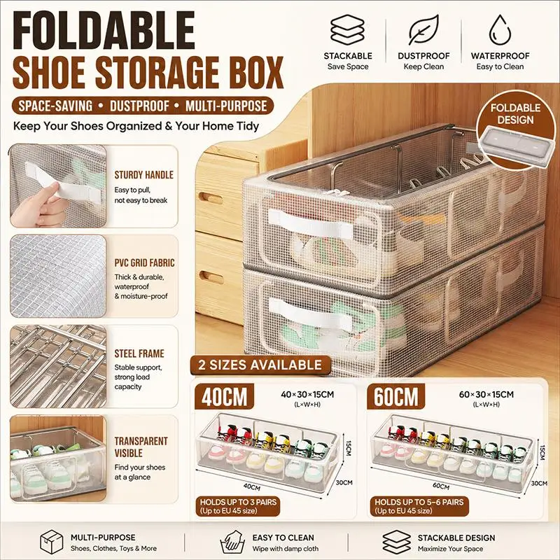 Foldable Transparent Under Bed Shoe Storage Box Thickened Dustproof With Handles Stackable Footwear Organizer Container