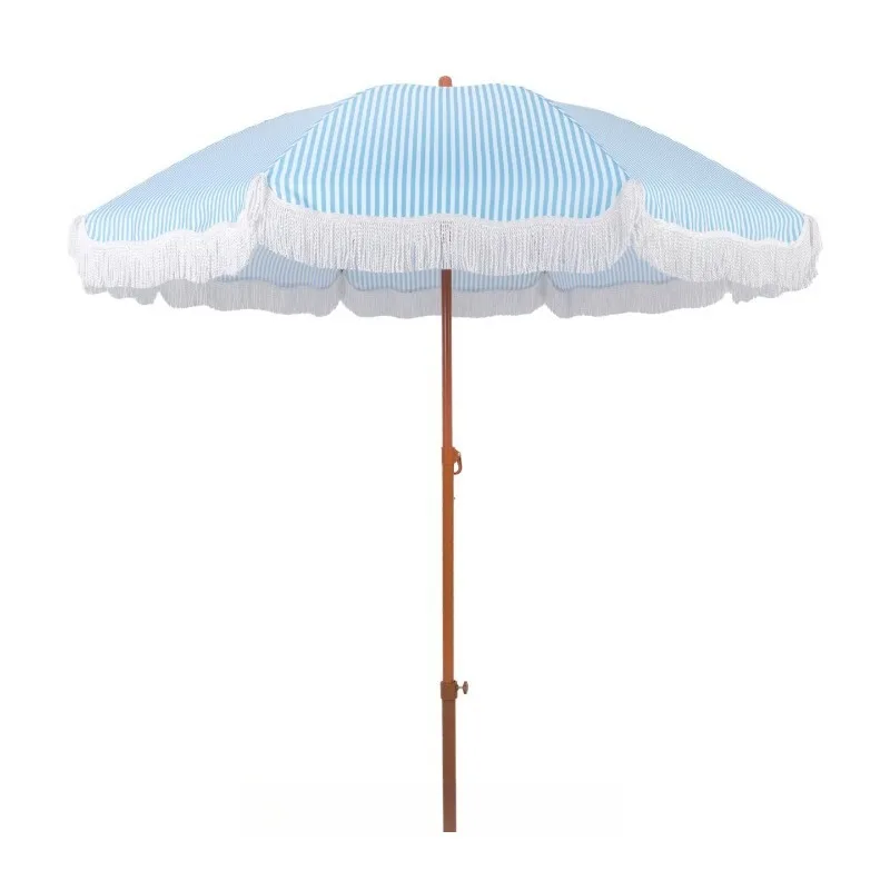 Outdoor Premium Essentials Vintage Fringed Wooden Beach Umbrella Parasols Cotton Canvas Hotels Porches Garden Parks